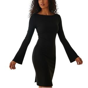 Ever New Melbourne Dress, black bodycon, midi, flare sleeve, size 2us, 6au